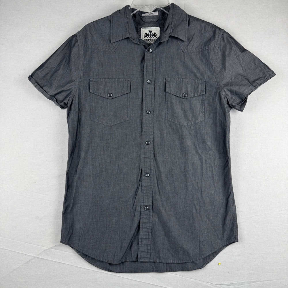 Express Mens Fitted Short Sleeve Snap Front Western Shirt Gray Size M